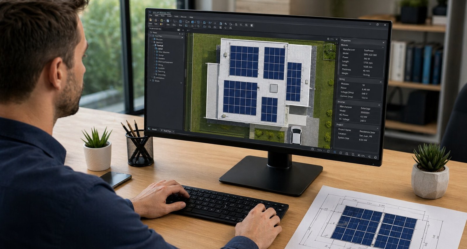 Ingeniero diseñando un sistema solar personalizado en computadora