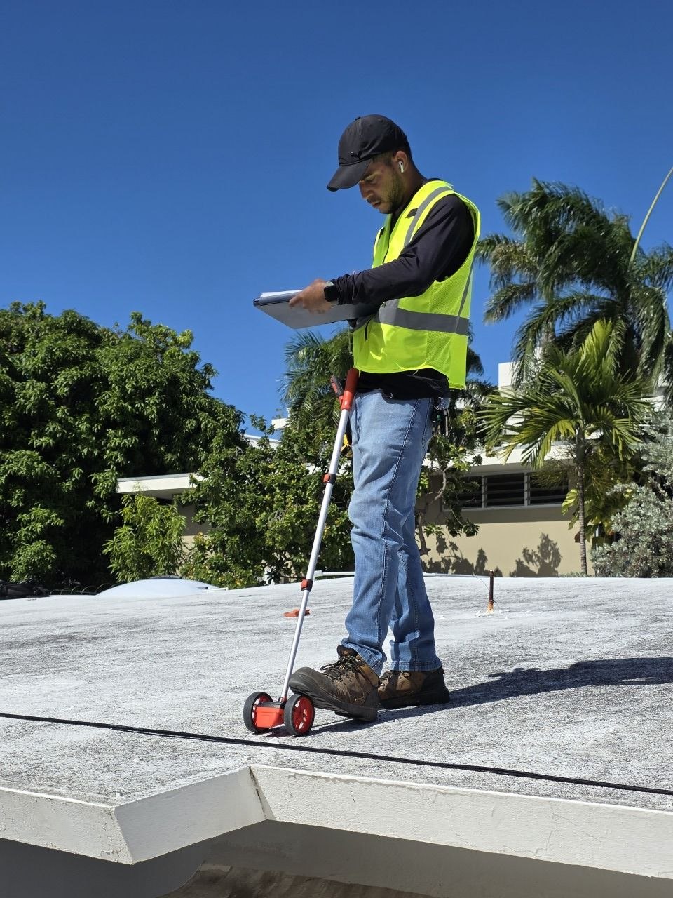 Técnico midiendo el techo para instalación solar