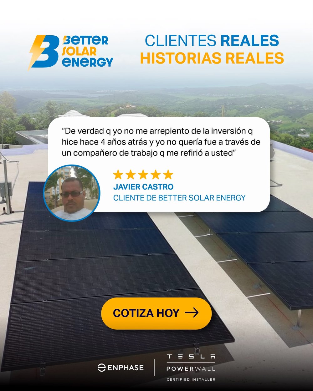 Reseña de Javier Castro, cliente de Better Solar Energy